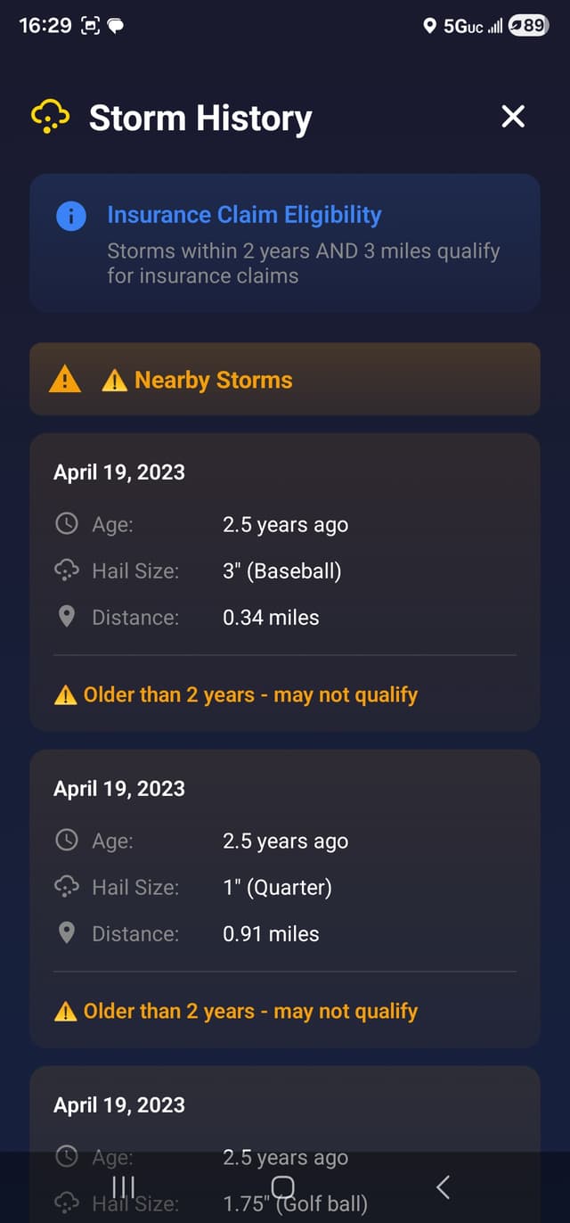 Storm history for insurance claims